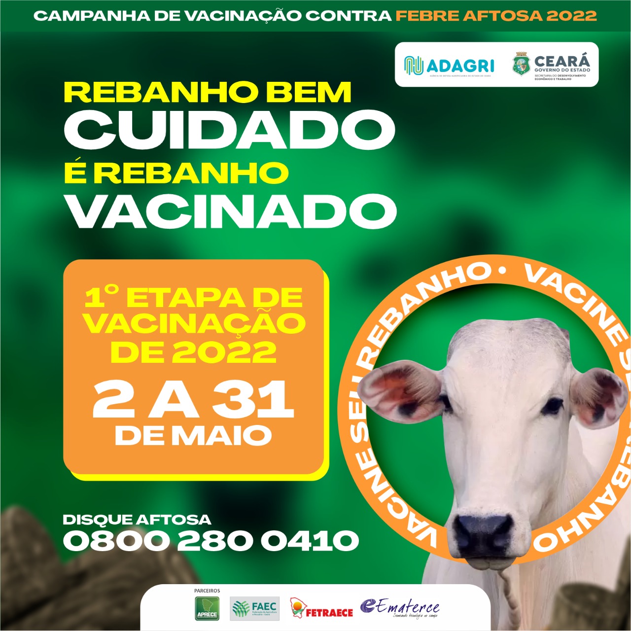 Campanha contra Febre Aftosa começa na próxima segunda-feira (02) em todo o Ceará