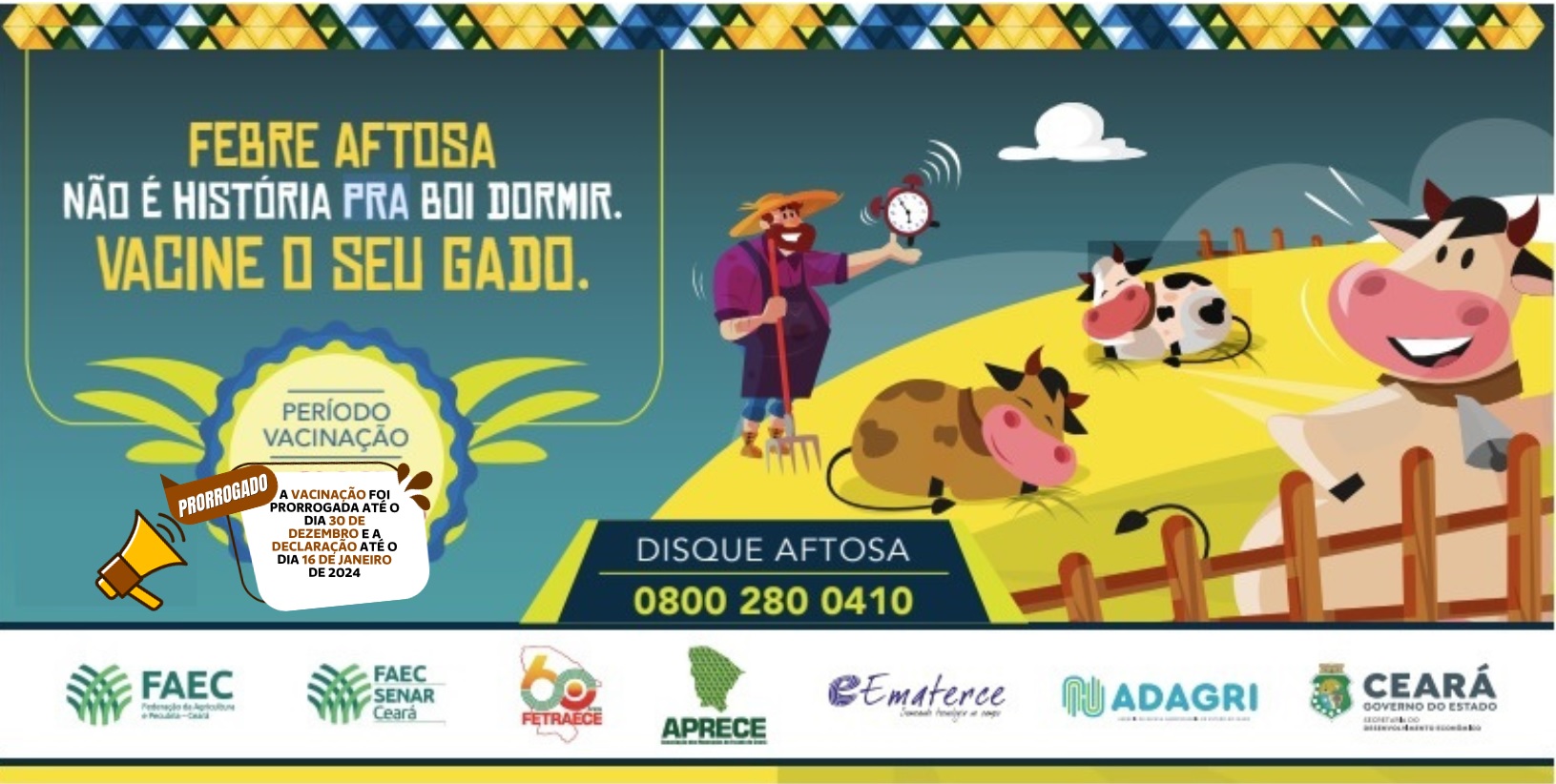 Campanha de Vacinação contra Febre Aftosa tem prazo de encerramento prorrogado para 30 de dezembro